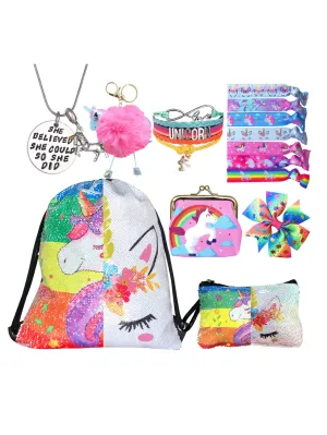 Unicorn Gifts for Girls - Unicorn Drawstring Backpack/Makeup Bag/Bracelet/Necklace/Hair Ties/Keychain/Sticker (Sequin Head-Flower 3)