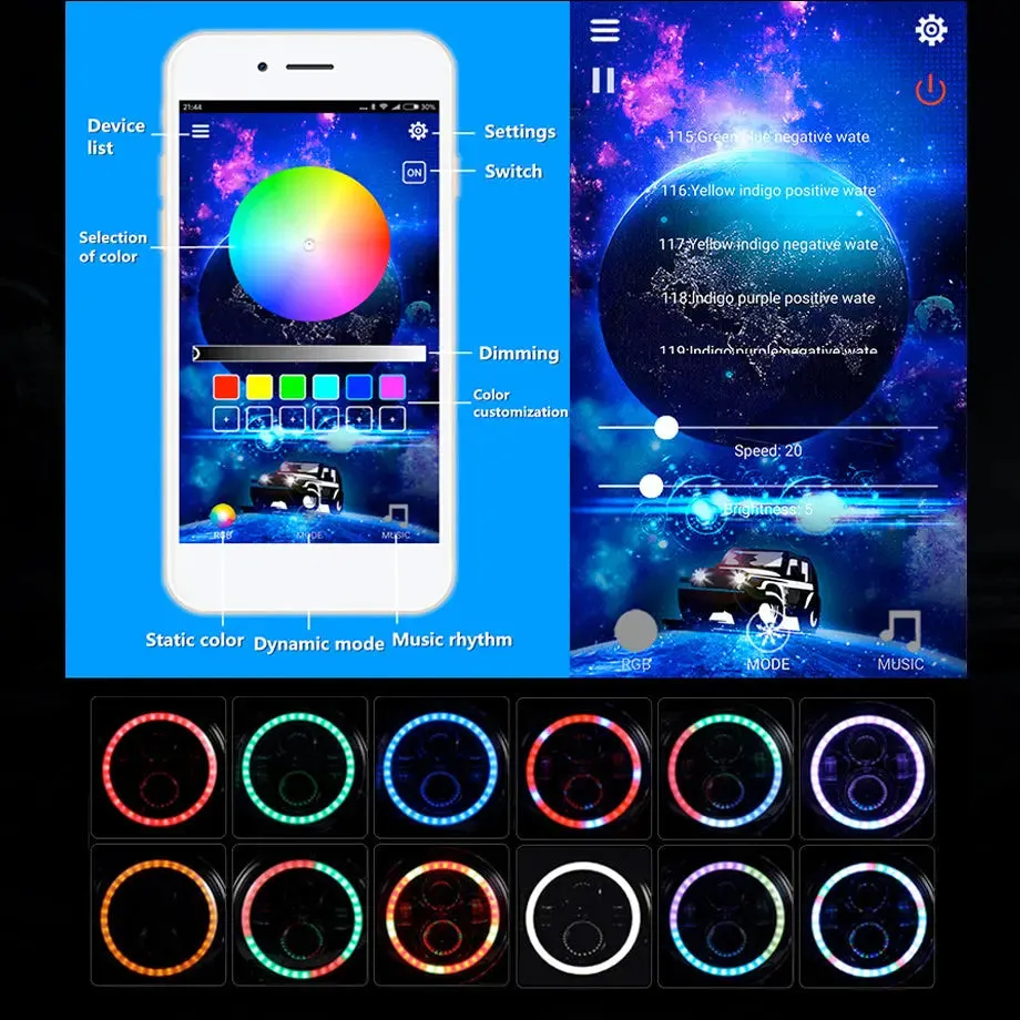 Universal 7 Inch Jeep Style RGB Angel Eye Projector Headlight - App Control