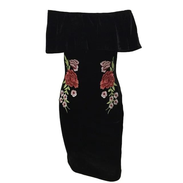 VenusFox Off Shoulder Ruffle Bodycon Embroidery Mini Dress
