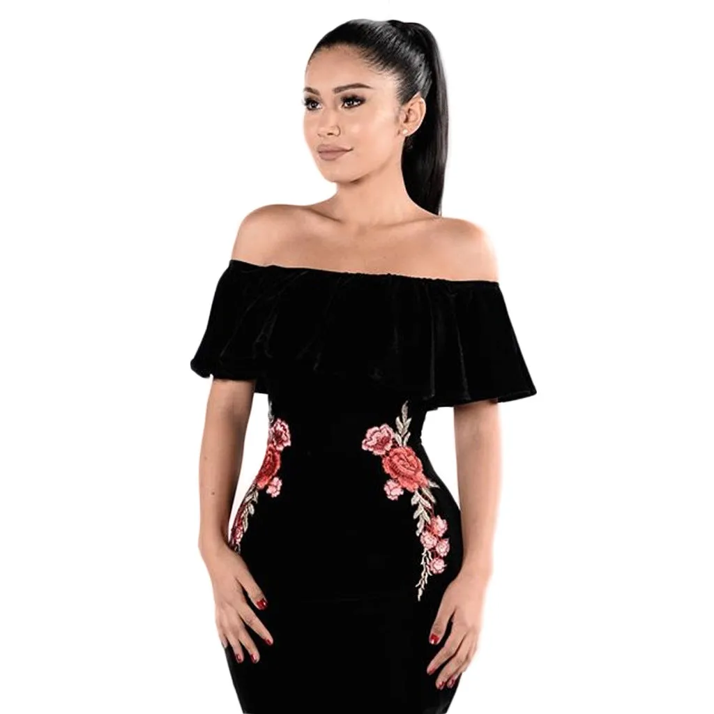 VenusFox Off Shoulder Ruffle Bodycon Embroidery Mini Dress