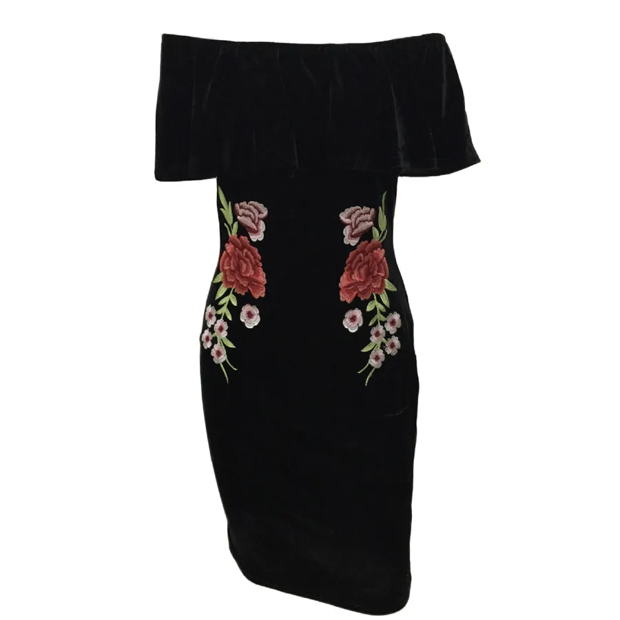VenusFox Off Shoulder Ruffle Bodycon Embroidery Mini Dress