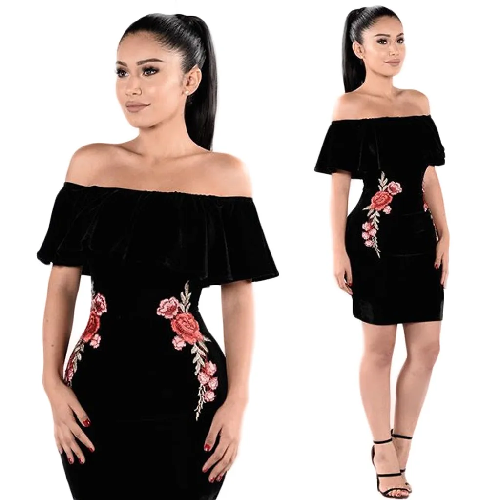 VenusFox Off Shoulder Ruffle Bodycon Embroidery Mini Dress