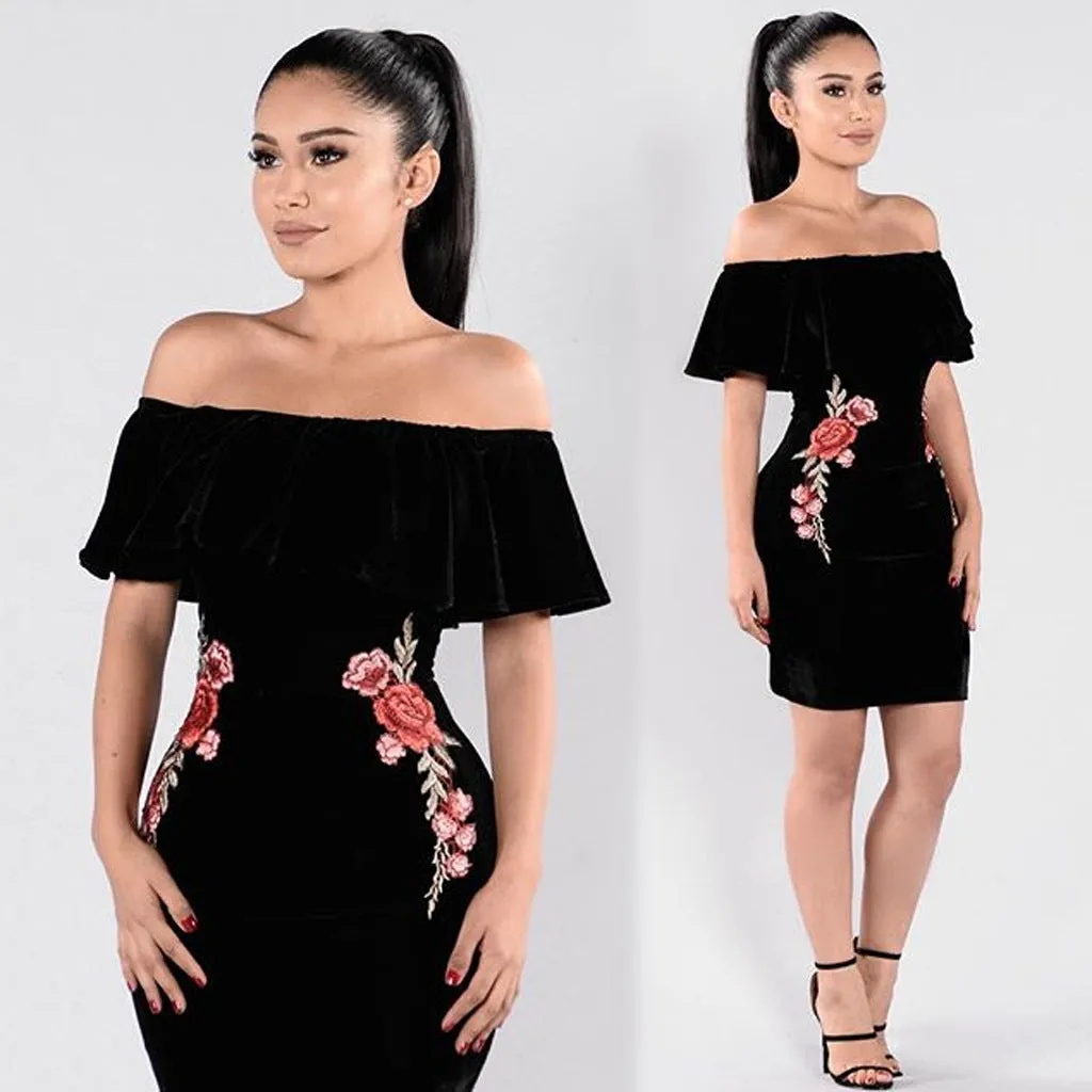 VenusFox Off Shoulder Ruffle Bodycon Embroidery Mini Dress