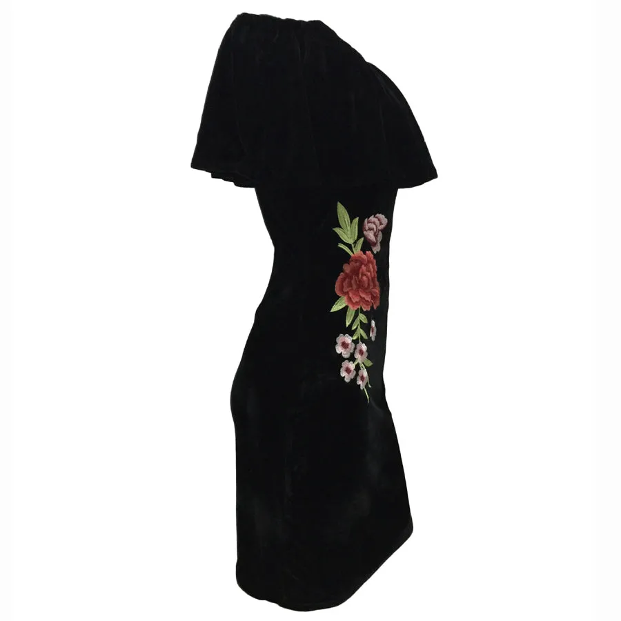 VenusFox Off Shoulder Ruffle Bodycon Embroidery Mini Dress