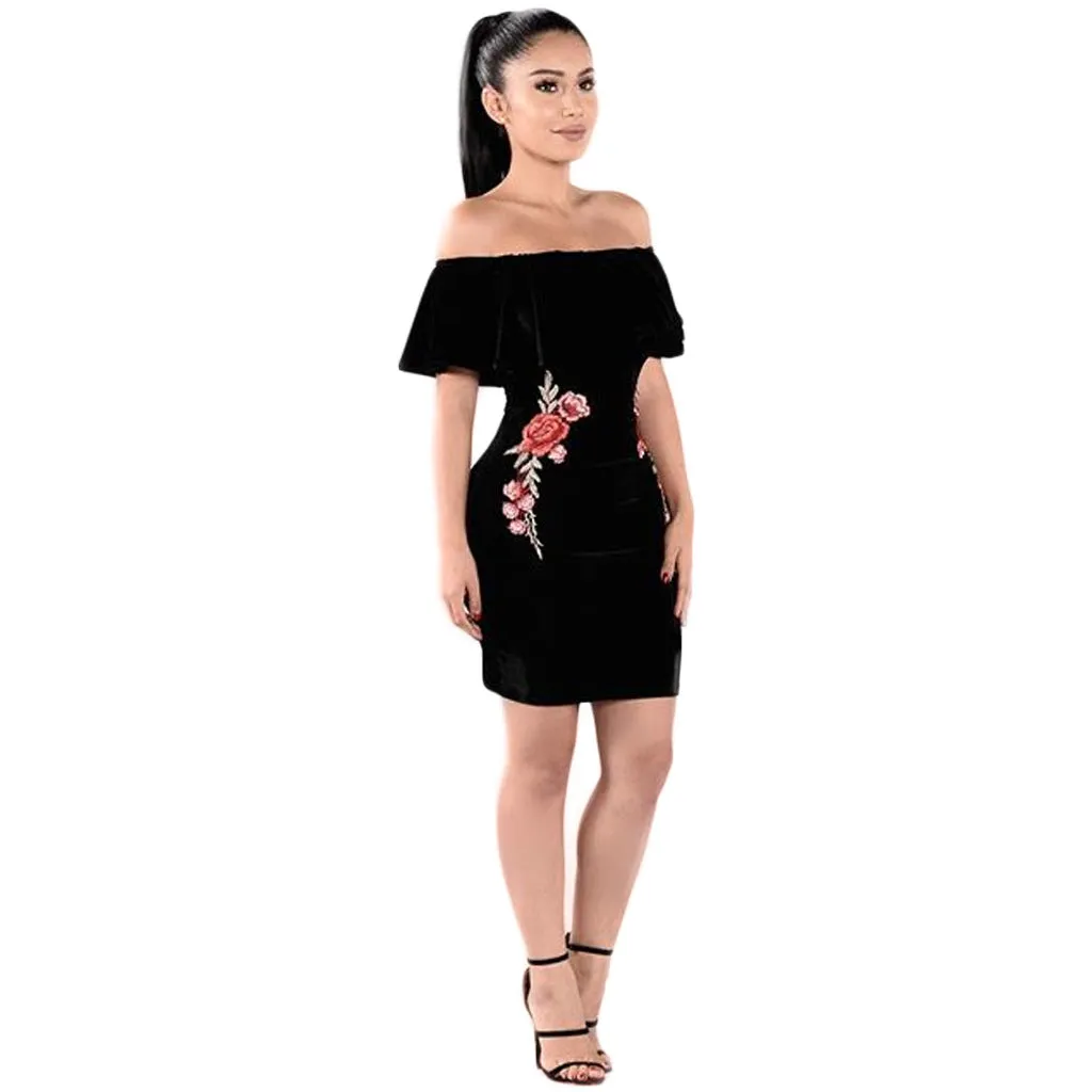 VenusFox Off Shoulder Ruffle Bodycon Embroidery Mini Dress