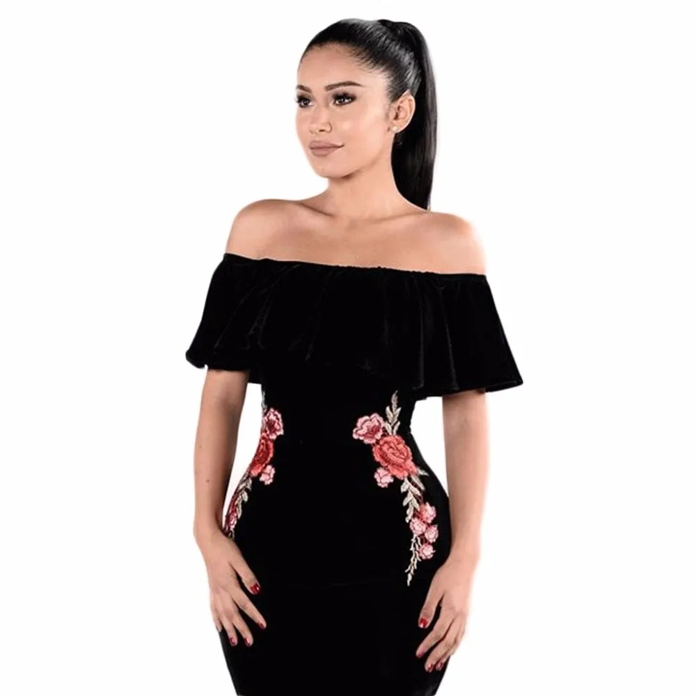 VenusFox Off Shoulder Ruffle Bodycon Embroidery Mini Dress