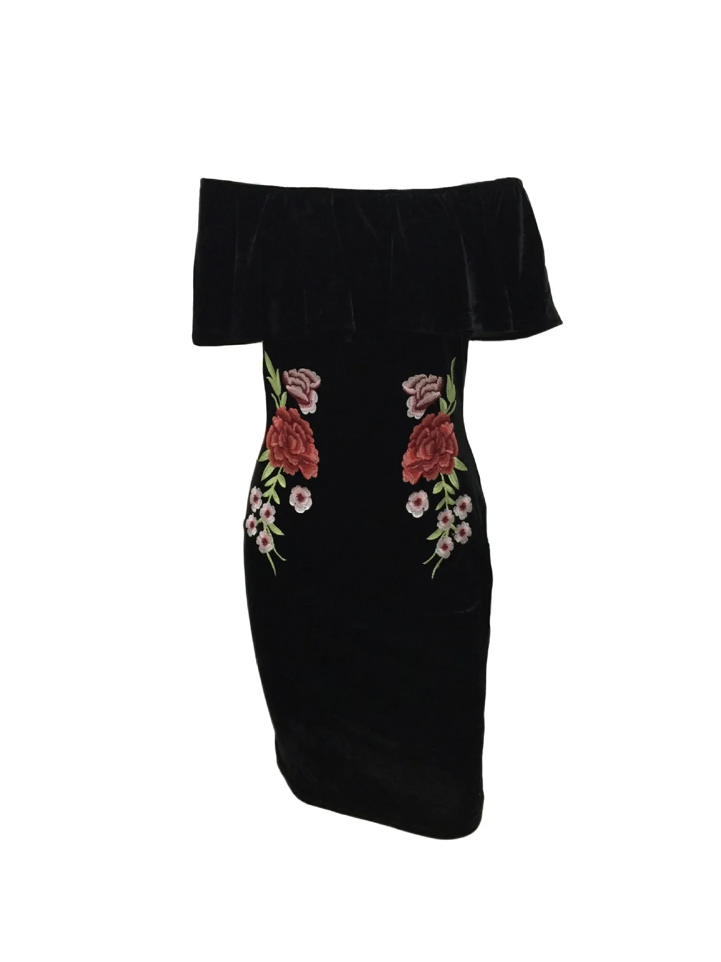 VenusFox Off Shoulder Ruffle Bodycon Embroidery Mini Dress