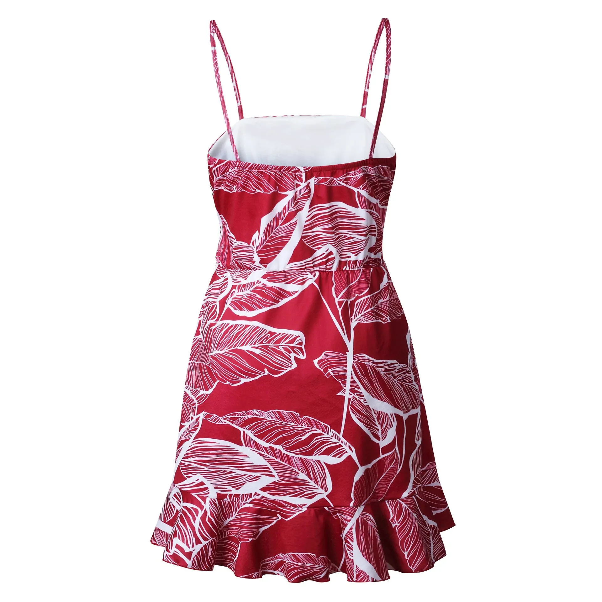 VenusFox Women Summer Leaf Print Sashes Boho Sleeveless Beach Strap Dresses