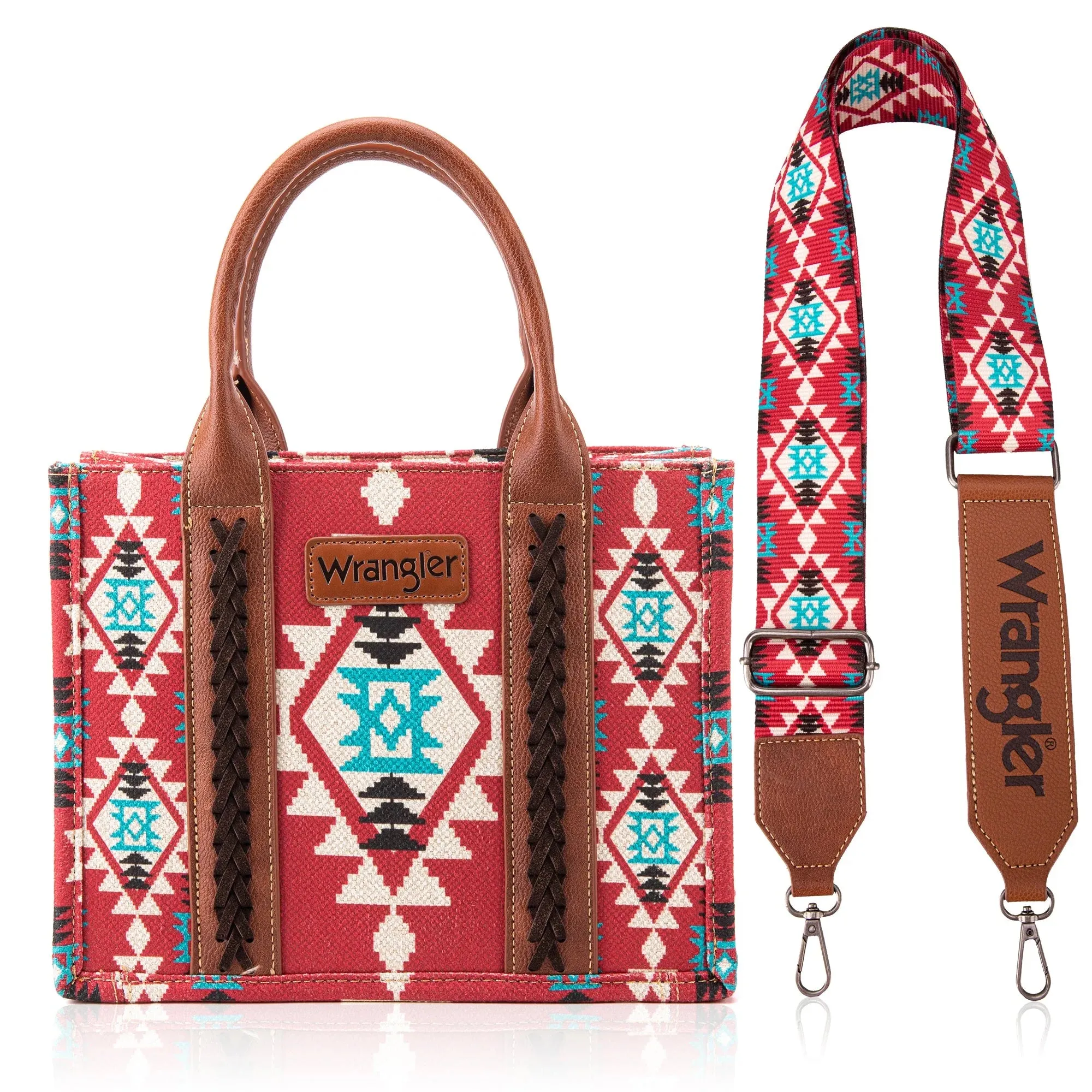 WG2203-8120S Wrangler Southwestern Print Small Canvas Tote/Crossbody -Burgundy