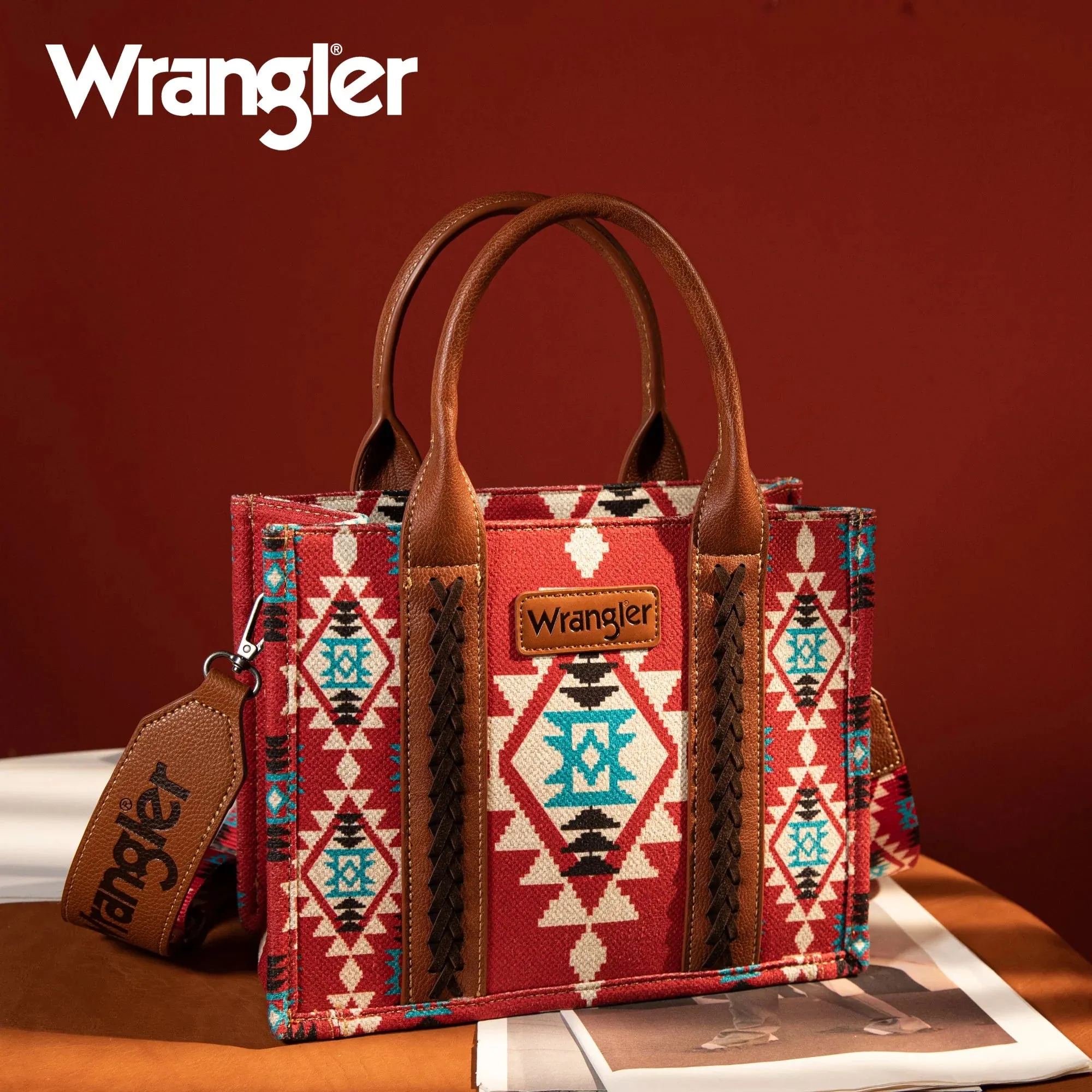 WG2203-8120S Wrangler Southwestern Print Small Canvas Tote/Crossbody -Burgundy