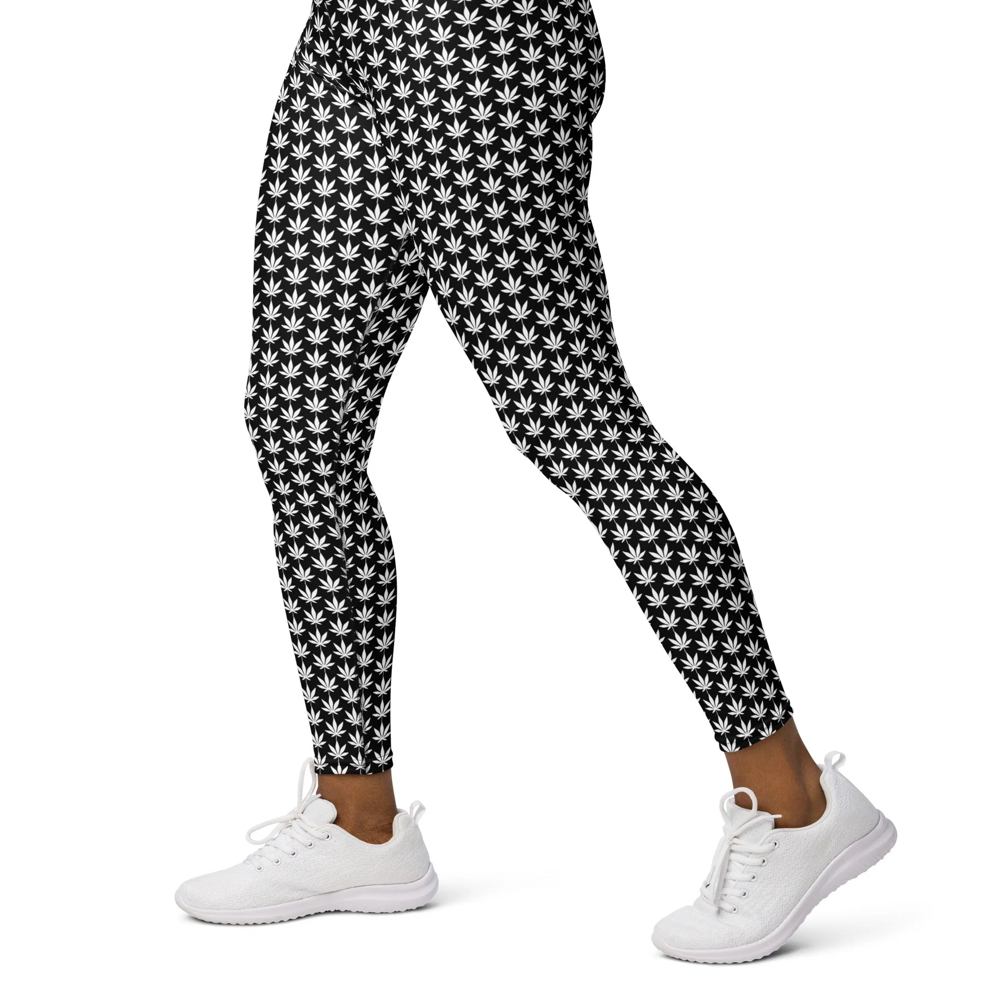 White And Black Cannabis Yoga Leggings