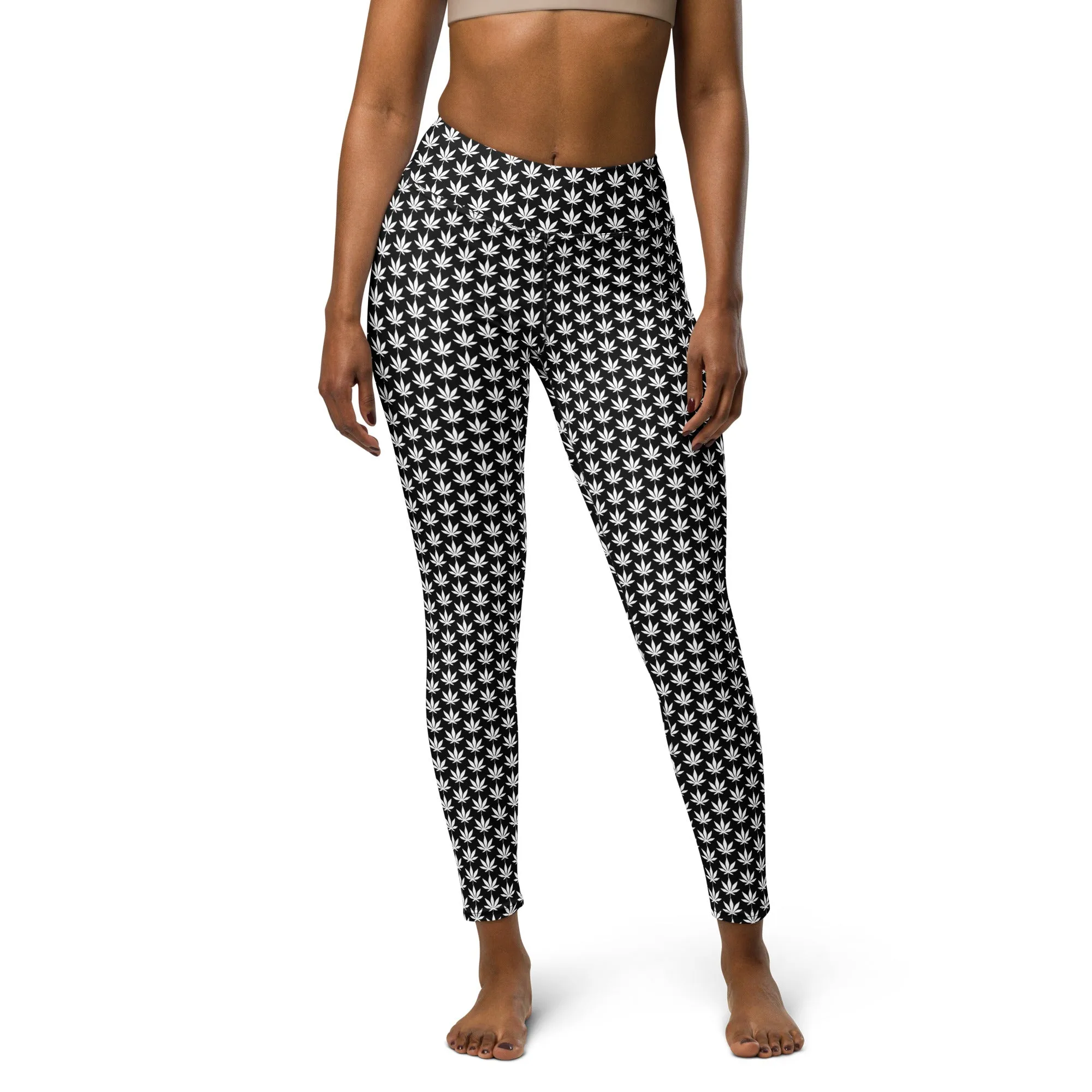 White And Black Cannabis Yoga Leggings