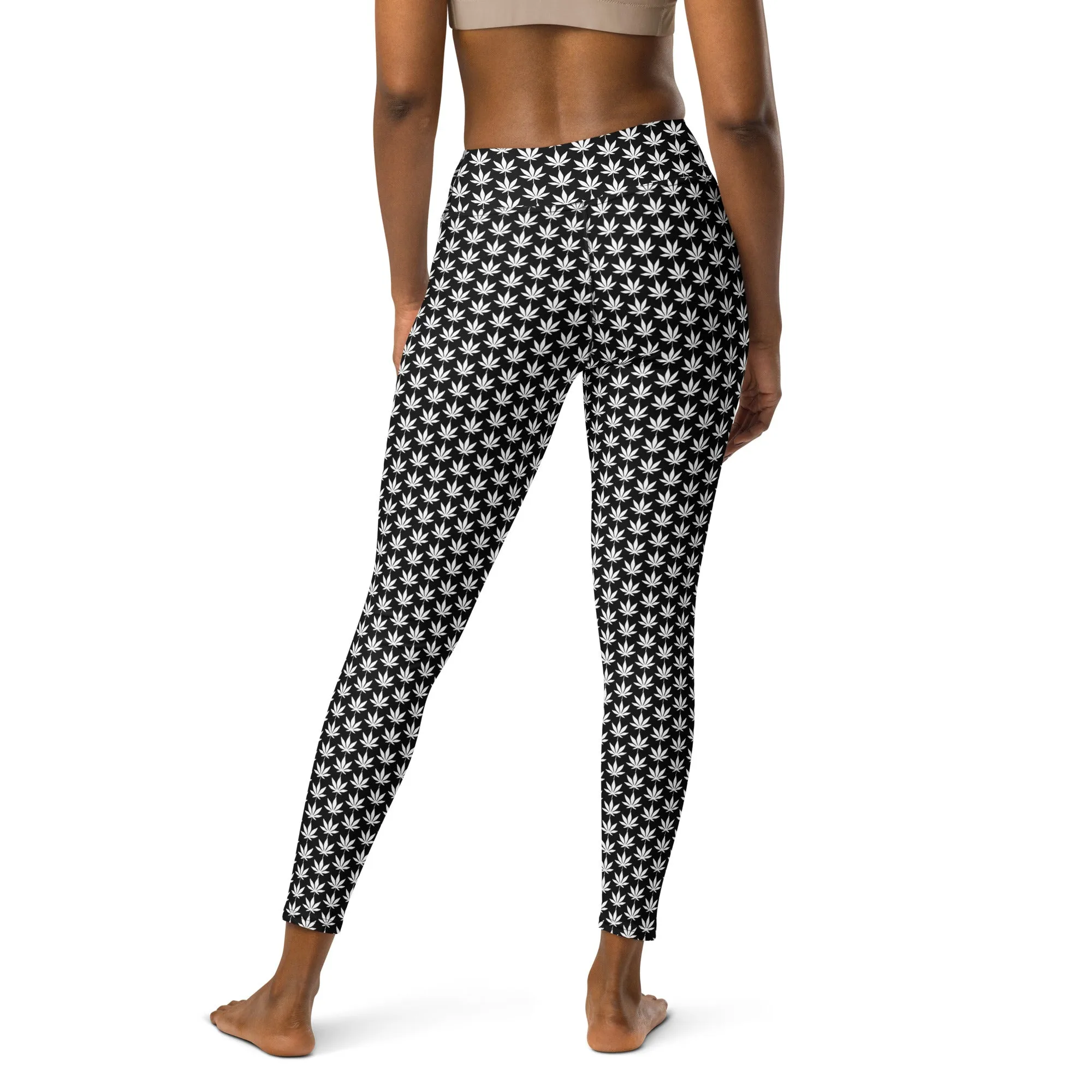 White And Black Cannabis Yoga Leggings