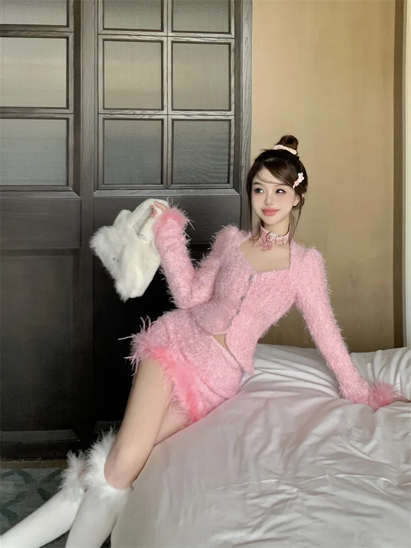 Winter Elegant Sweet Pink Feather Jacket Mini Skirt Two Piece Set